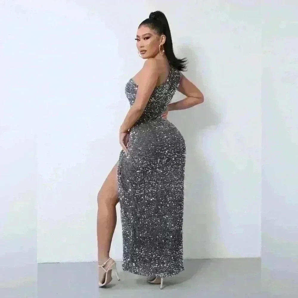 One Shoulder Sequin Sparkle High Slit Wrap Formal Evening Dress Silver S - Picture 4 of 12